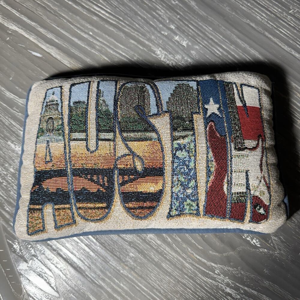 AUSTIN TX Tapestry Pillow Manual Woodworkers Embroidered Texas Decor Blue Gift